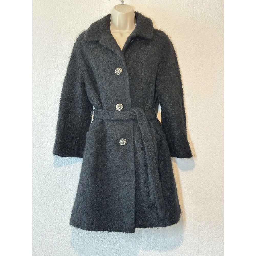 Vintage Dumas‎ Womens S/M Black Boucle Overcoat Lined Button Tie Classic